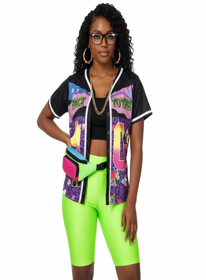 Foaincore 7 Pcs 80s 90s Outfit for Women Hip Hop Costume Kit Costume Rapper Accessories Baseball Jersey Fanny Pack Yoga Pants (Black,X-Large) - Image 3